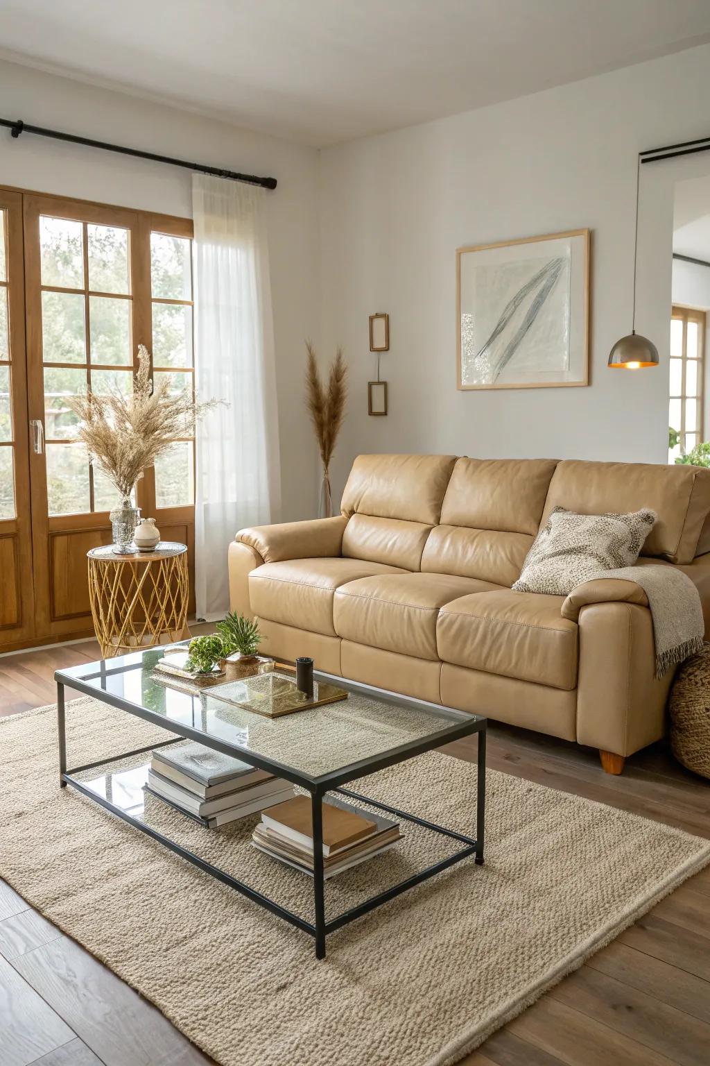 Elegance meets modernity with a glass coffee table paired with your beige sofa.