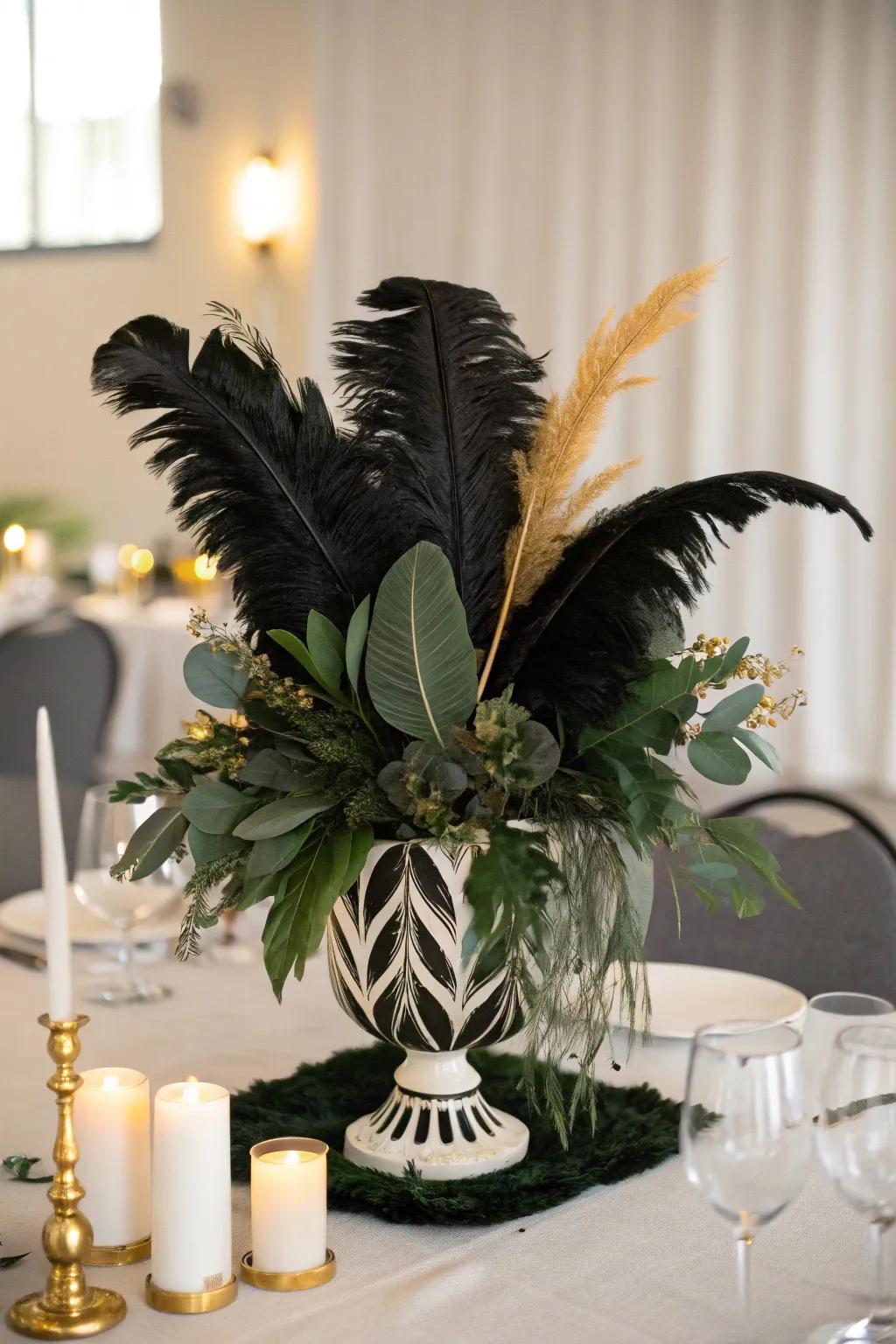 Add a touch of the unexpected with black feathers and leaves for a sophisticated centerpiece.