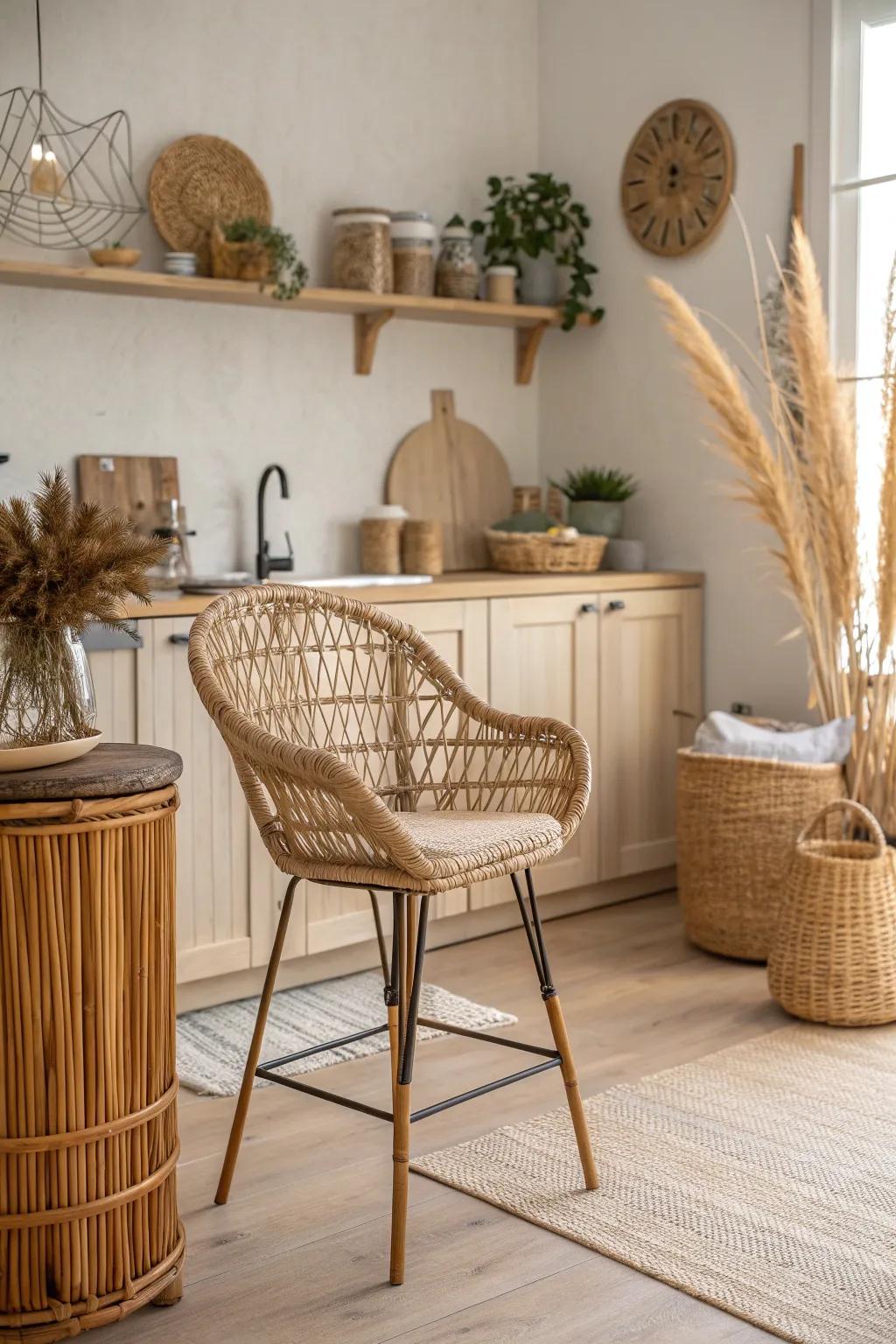 Embrace the natural charm of wicker and rattan for a cozy, bohemian kitchen vibe.