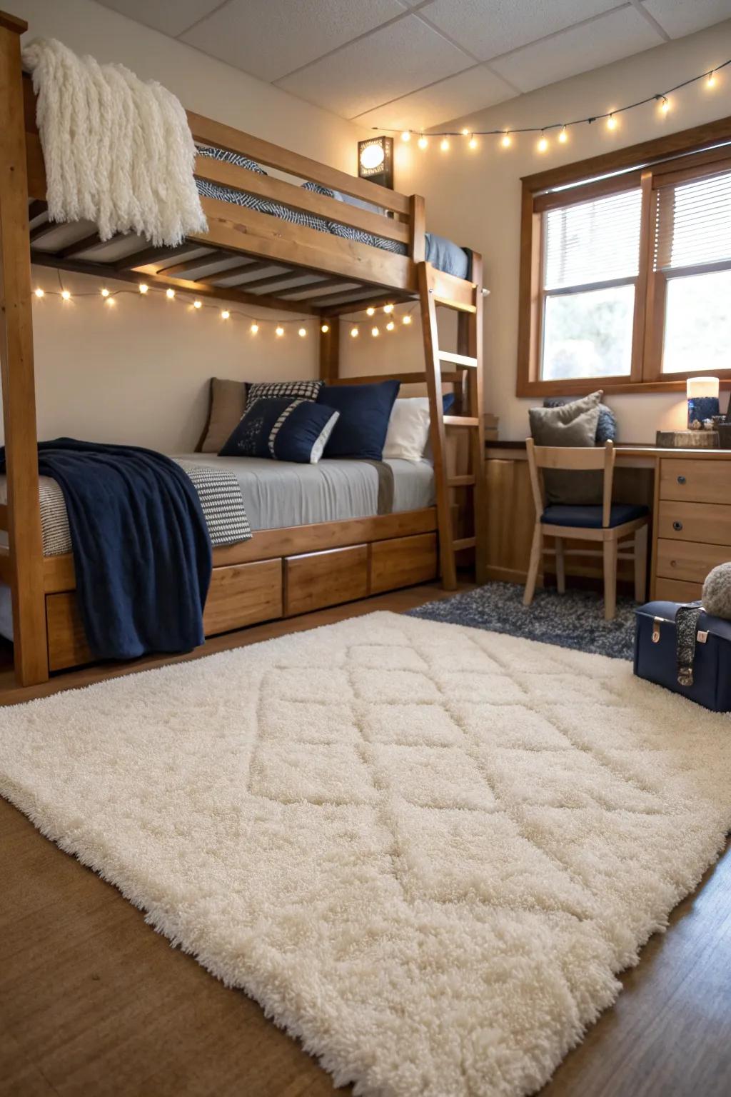 A plush area rug can transform your dorm room floor into a cozy, inviting surface.