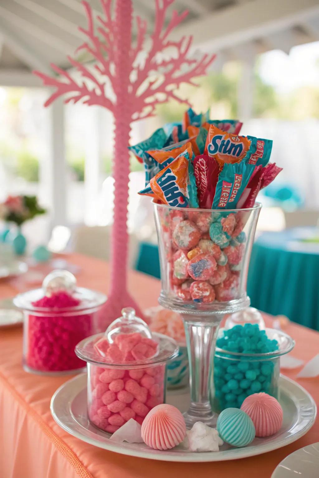 Make your party unforgettable with a themed candy centerpiece that's both festive and fun.