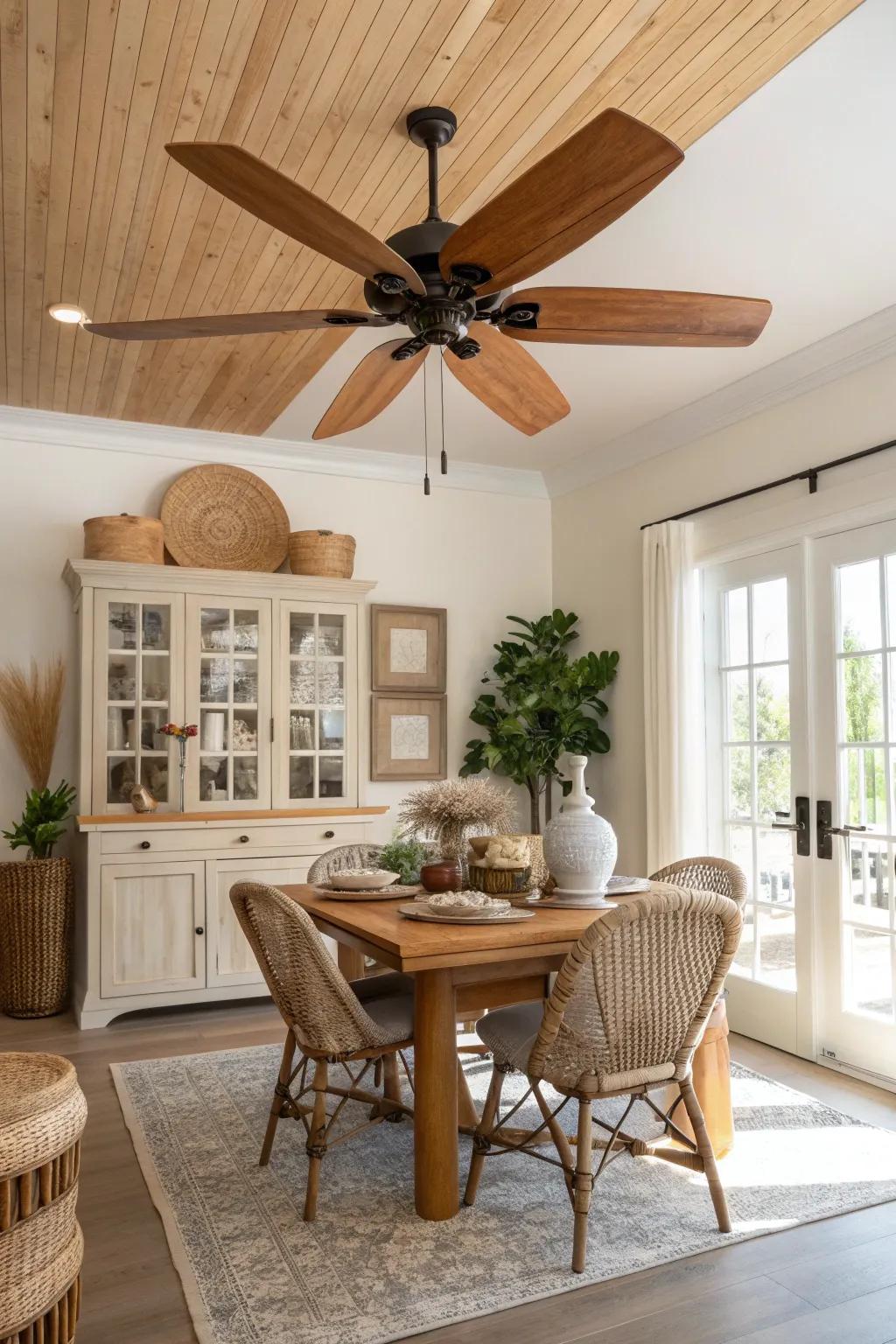 Create harmony in your dining room with a natural wood finish ceiling fan that complements earthy decor.