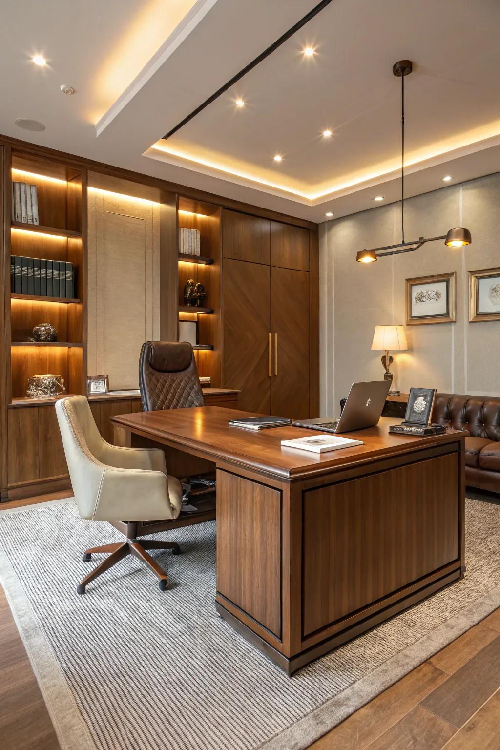 Create the perfect ambiance with layered lighting in your CEO office.