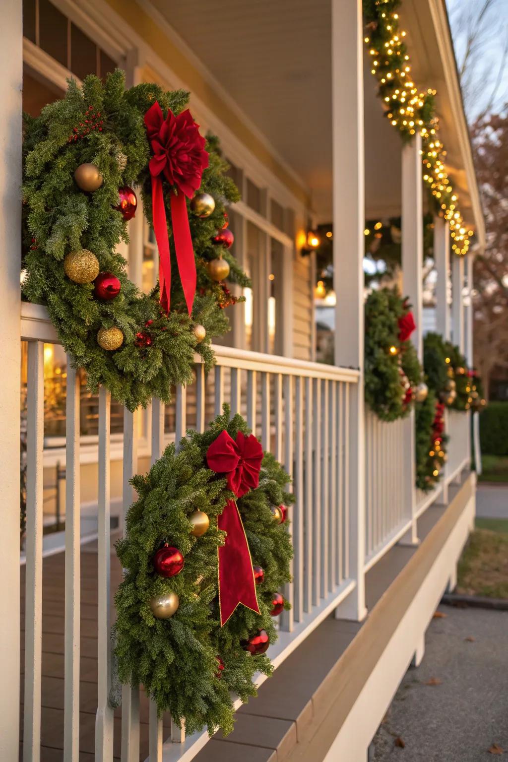 Enhance your holiday decor with beautiful wreaths hanging from your porch railings, welcoming guests with festive cheer.