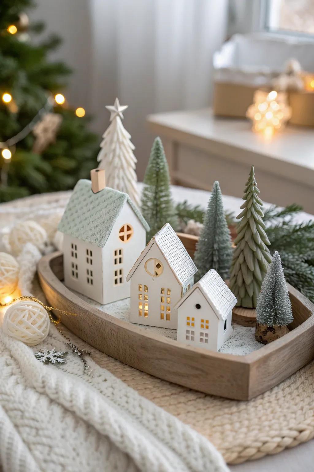 Design a charming village scene with miniature houses that tell a festive story.