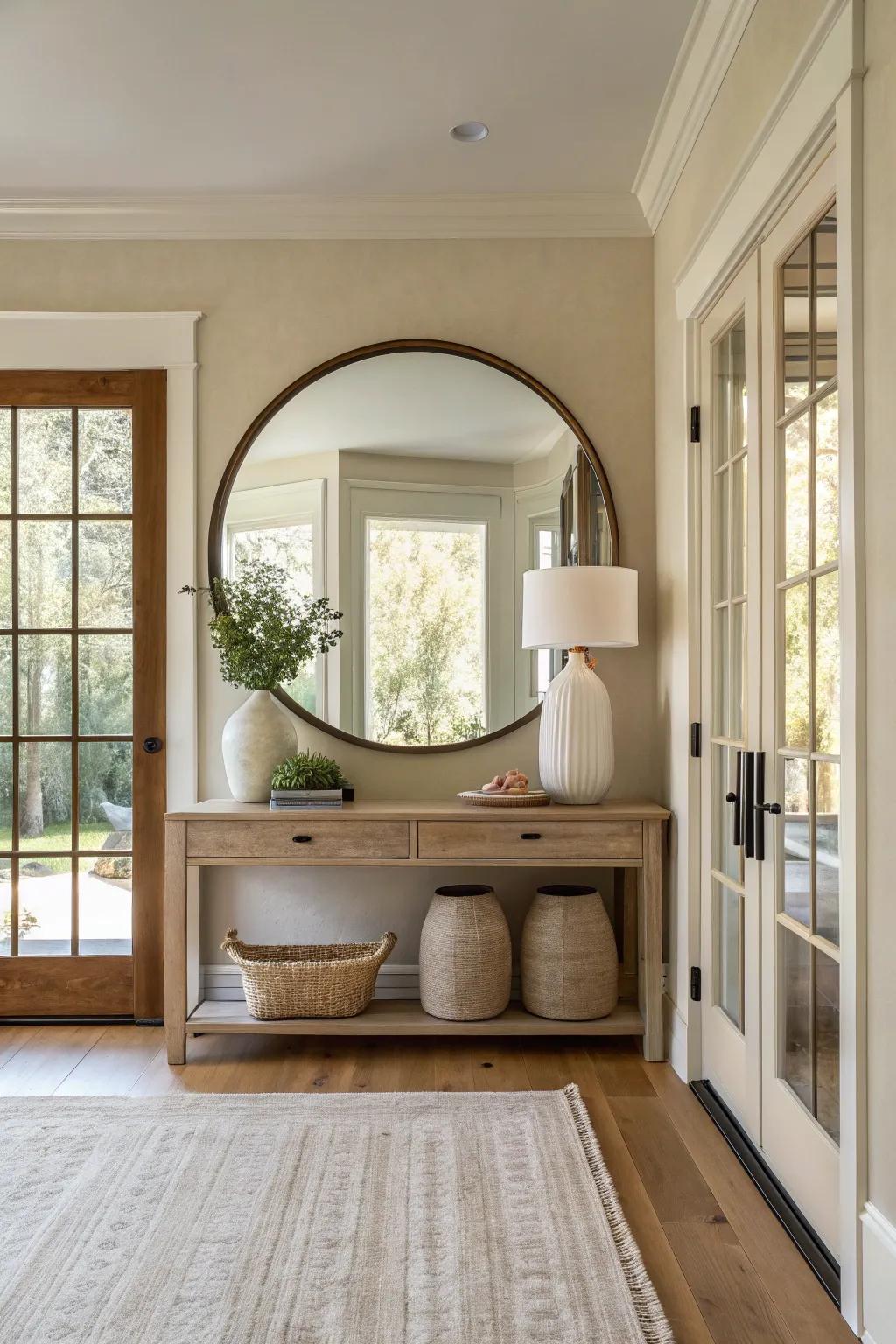 Maximize light and space with a striking oversized round mirror in your entryway.