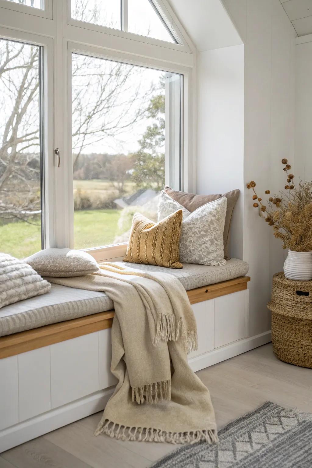 Wrap yourself in comfort with a window seat adorned in cozy textures.