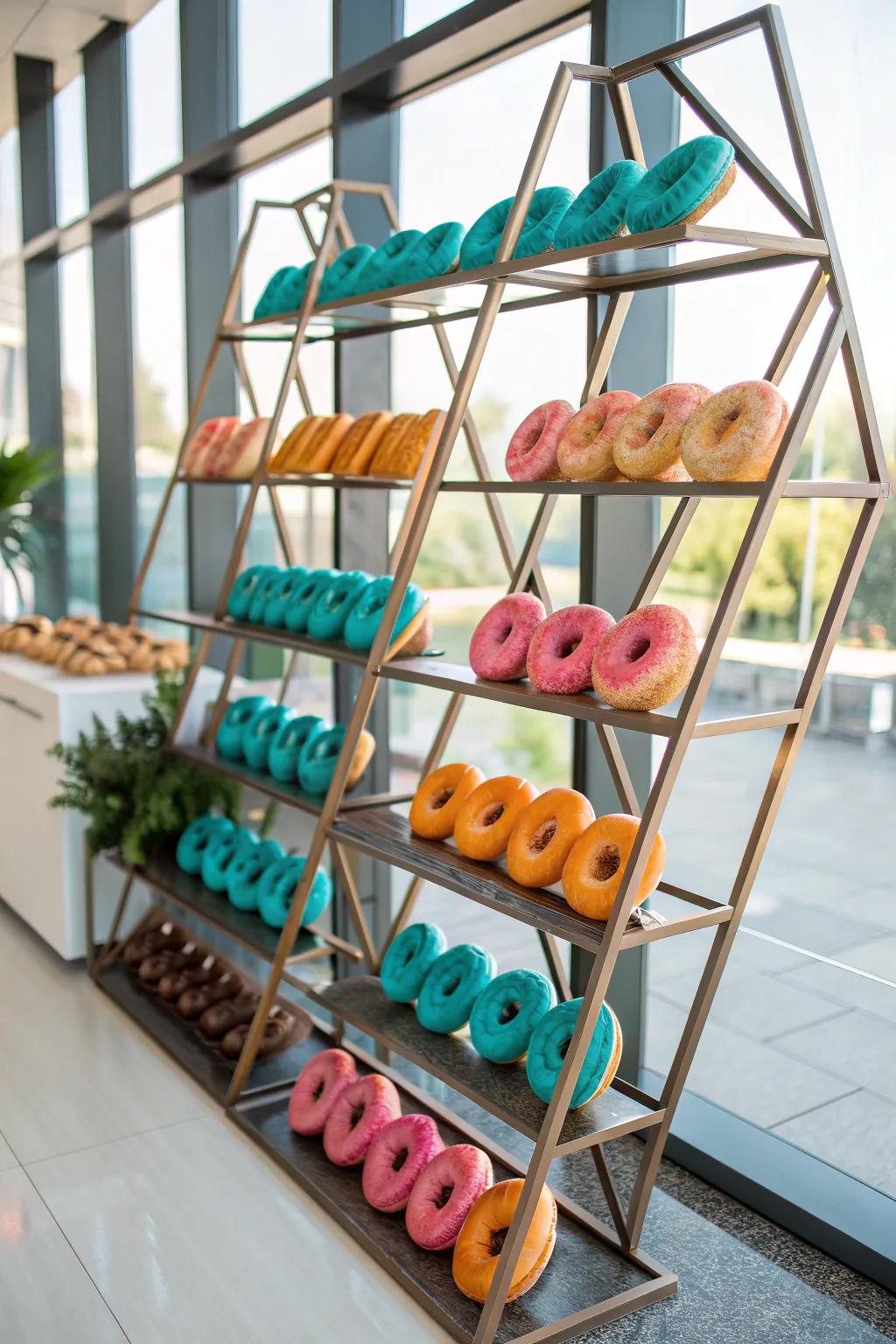 Modern and sleek, geometric shelves offer a unique way to showcase donuts at weddings. 🖤 #ModernWedding #DonutDisplay