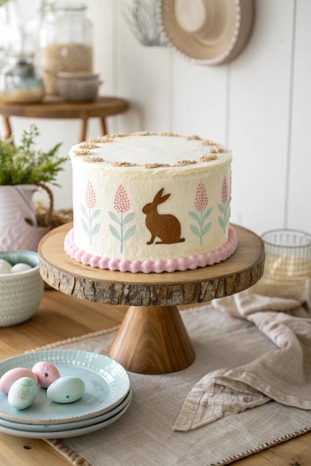 A charming cake featuring elegant bunny silhouettes that capture the magic of Easter.
