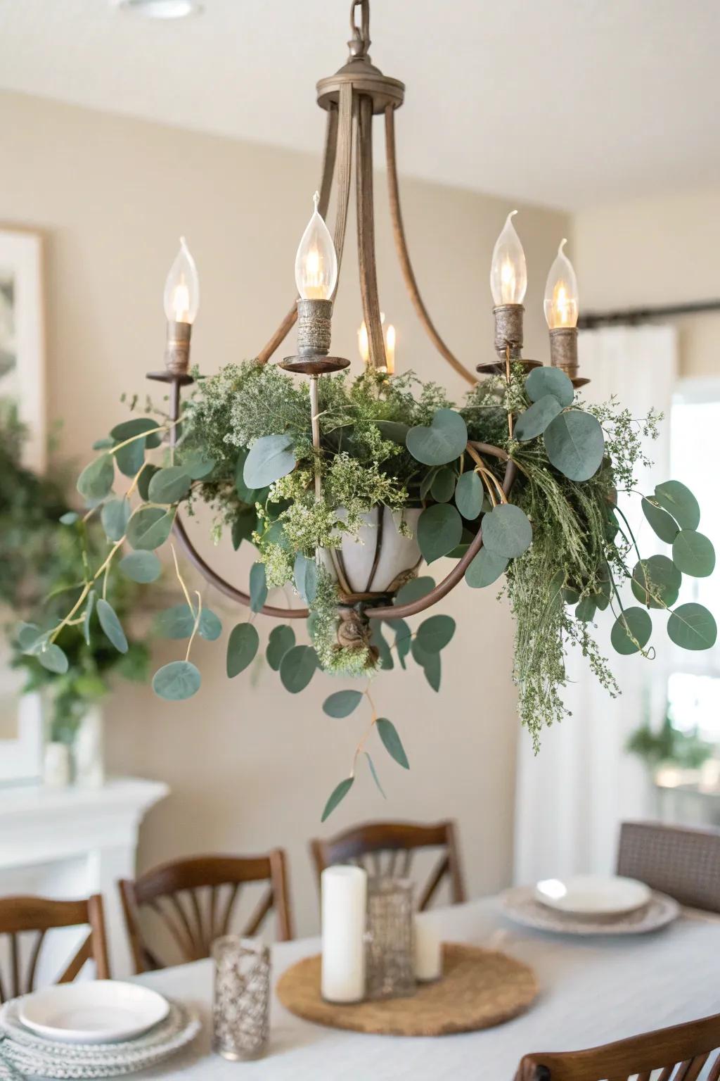 Bring elegance and freshness to your lighting with hanging eucalyptus decor.