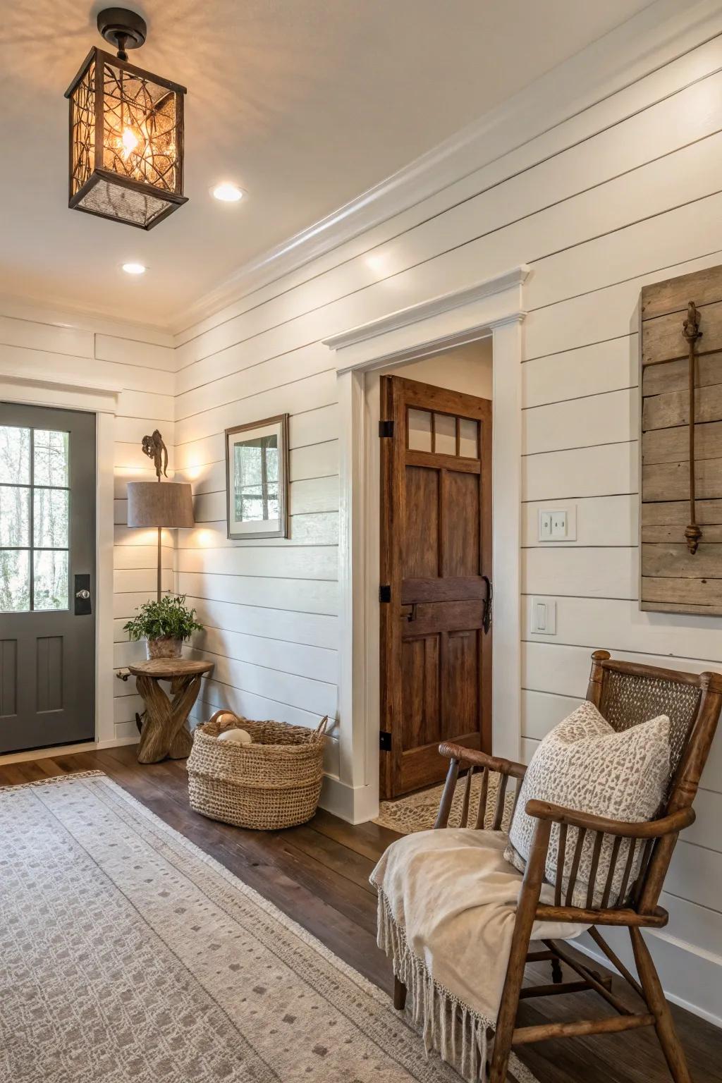 Shiplap and crown molding together create a seamless, textured aesthetic perfect for farmhouse style.