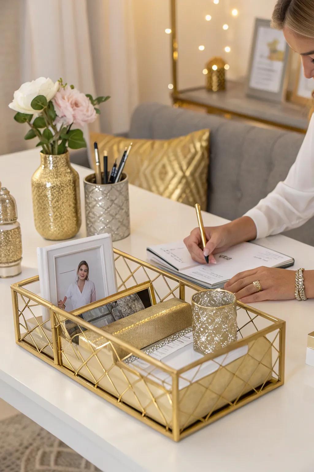 Metallic accents bring a sophisticated shine to your office essentials, turning them into eye-catching decor.