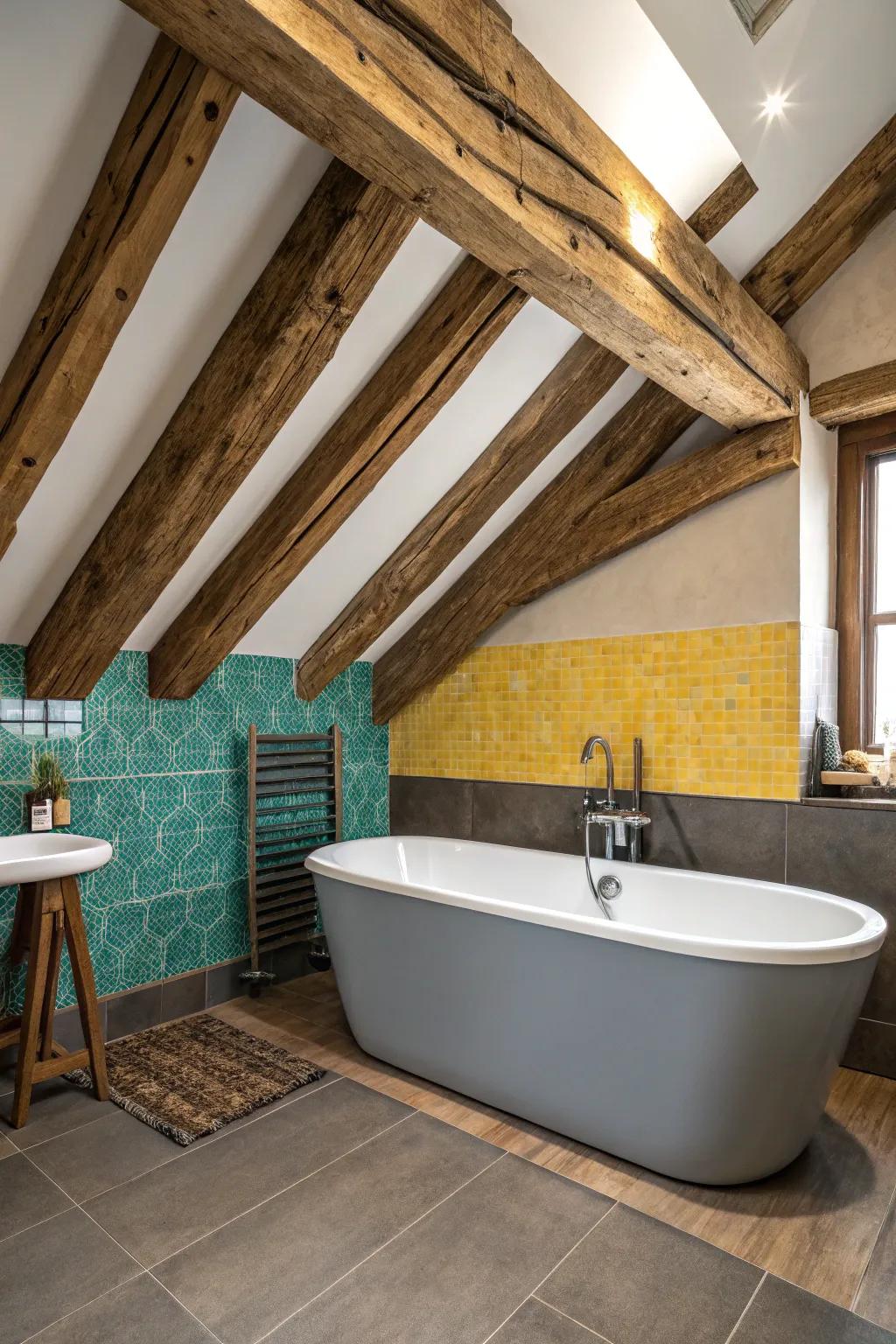Add charm to your bathroom with rustic beams over a sleek tub.