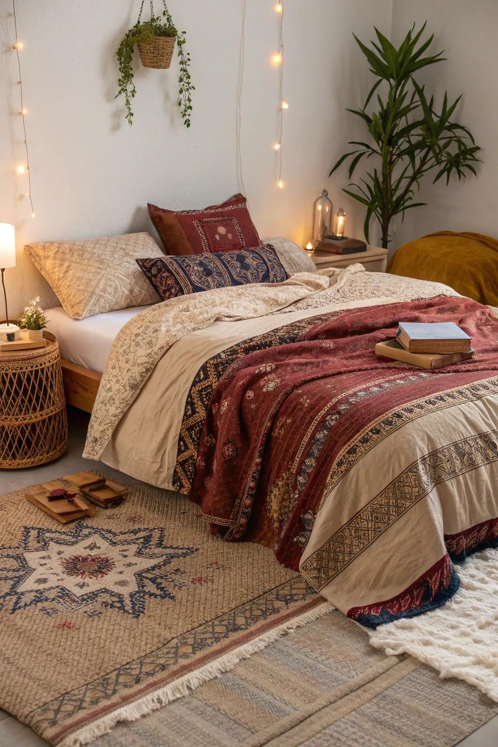 Curl up in comfort with layers of cozy, bohemian bedding.