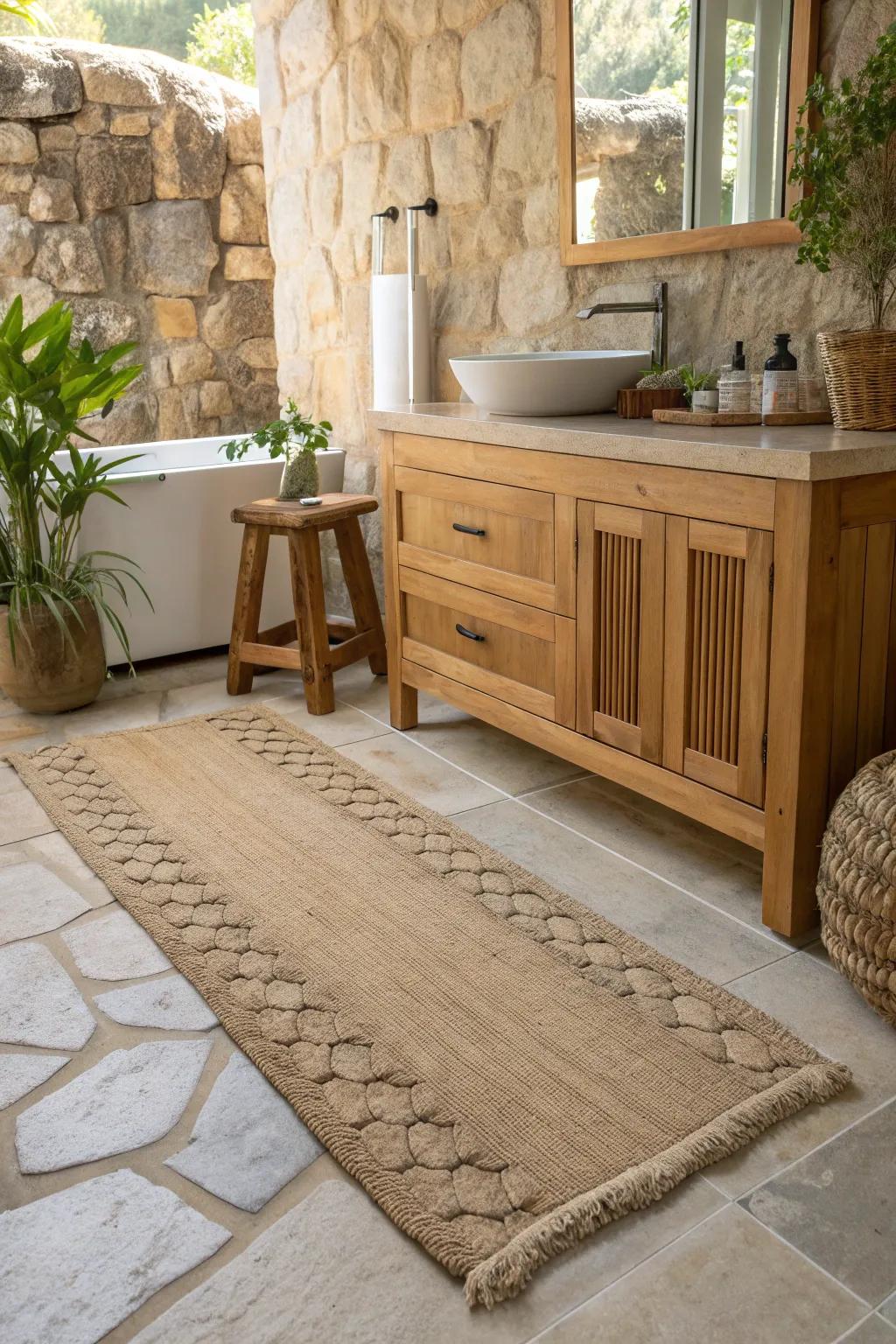 Blend natural elements with a neutral rug for a serene and cohesive bathroom design.