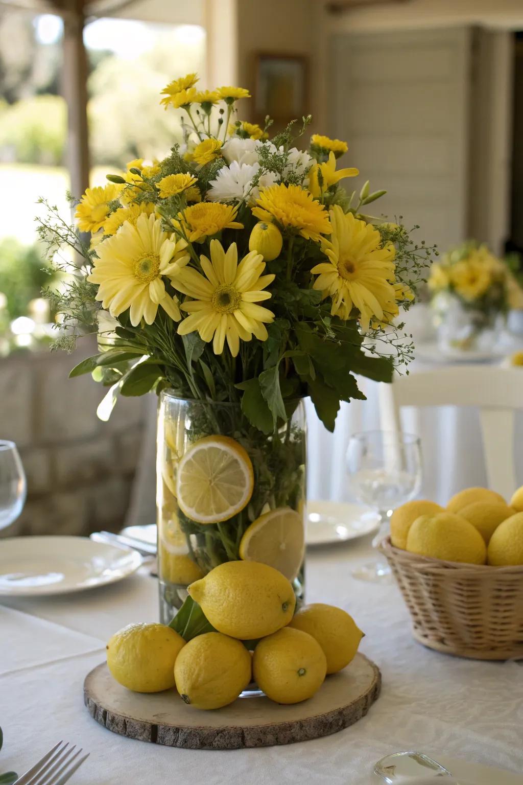 Brighten your dining room with a lively floral arrangement featuring daisies and lemons for a cheerful ambiance.