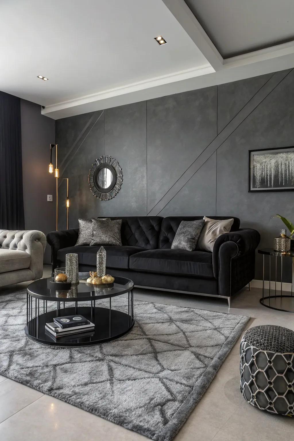 Go bold with black and gray, creating a sleek and modern living space.