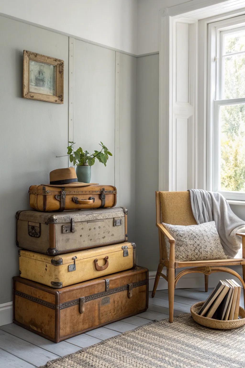 Add a vintage flair to your decor with stacked suitcases that double as magazine storage.