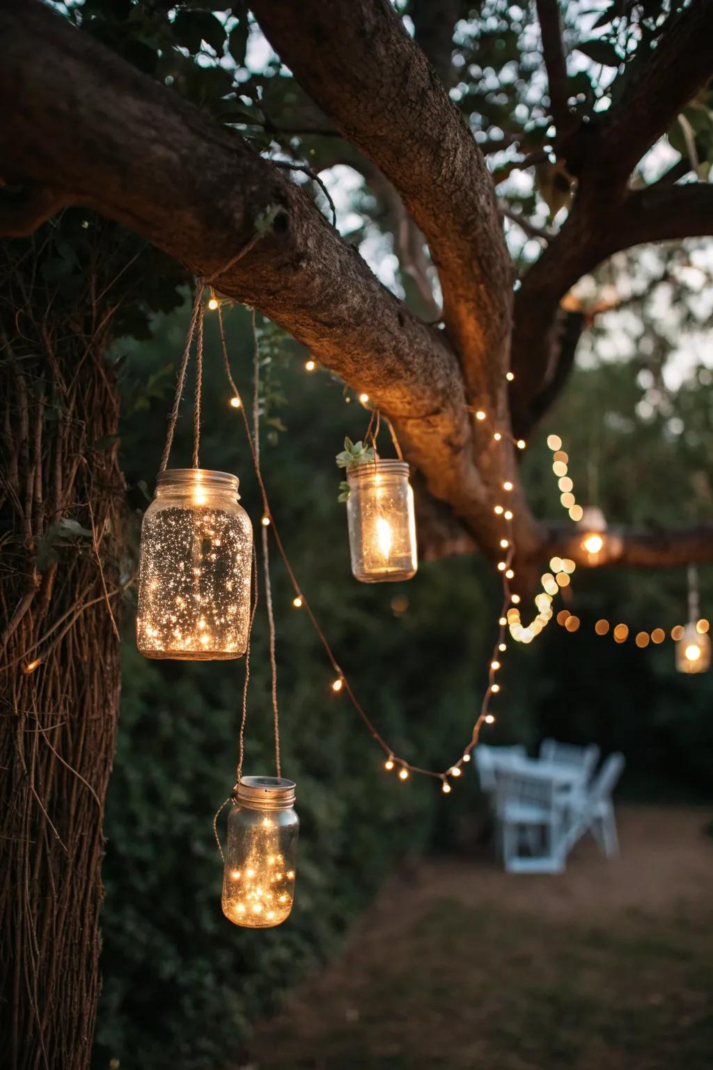 Enchant your guests with hanging mason jar lanterns, turning your wedding into a magical evening under the stars.