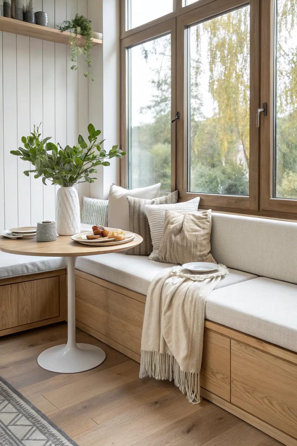 Achieve airy elegance with Scandinavian-inspired banquette seating that invites natural light.