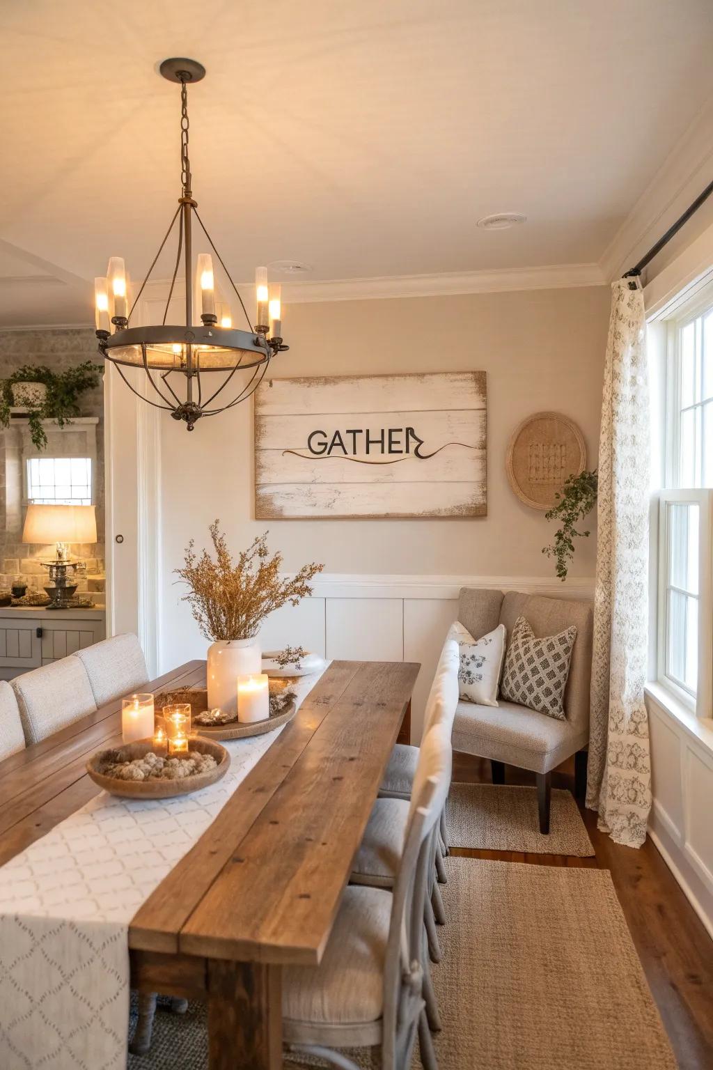 Textual art adds a personal touch, making your dining room feel warm and welcoming.