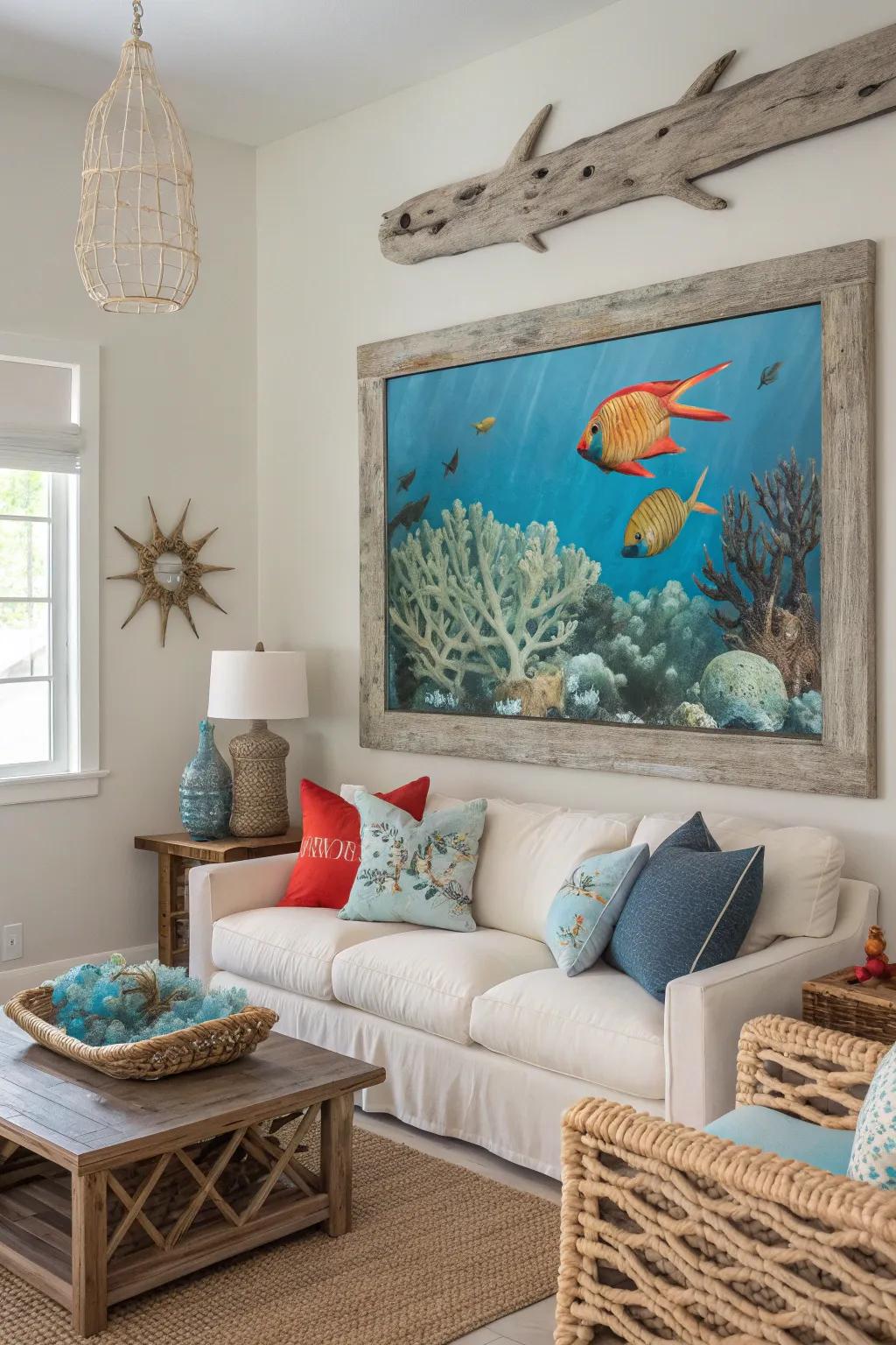 Dive deep into oceanic inspiration with marine life artwork that enlivens your space.