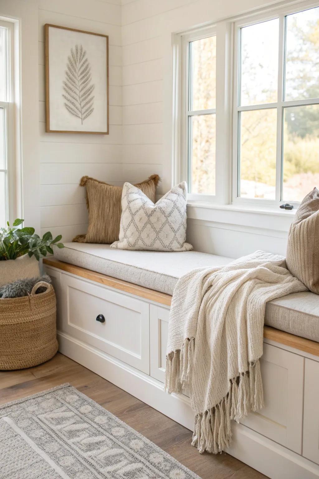 Functional yet stylish, a built-in bench nook offers both comfort and practicality.