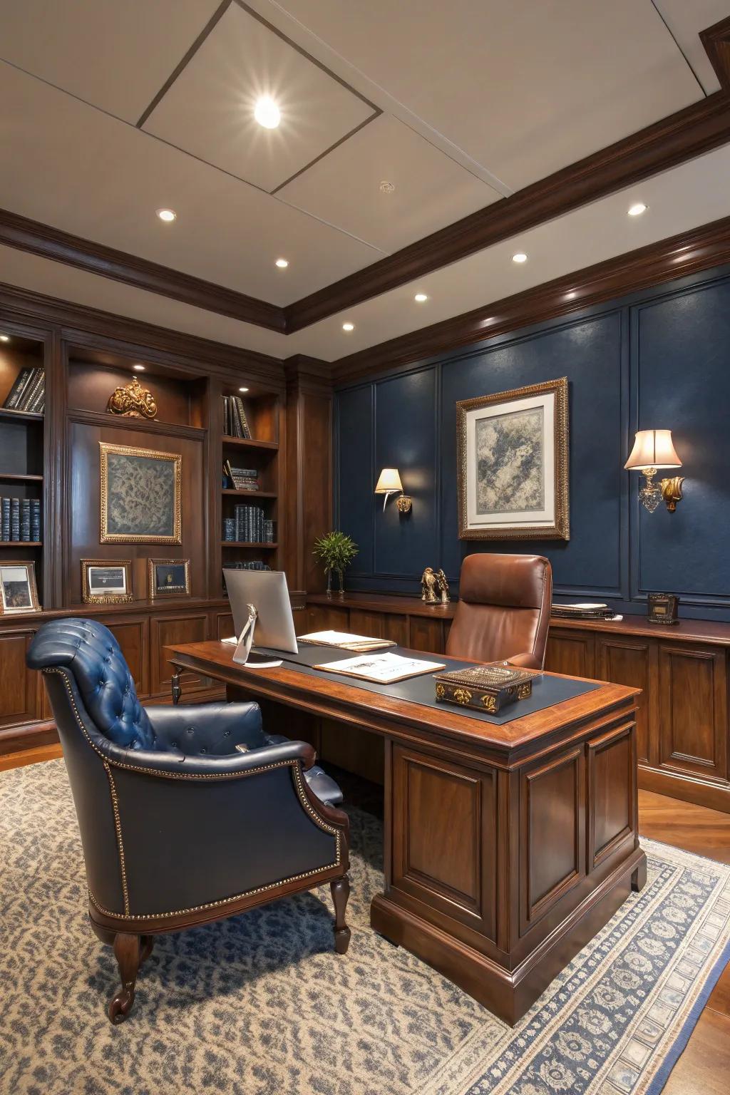 Bring luxury to your executive office with elegant decor and a comfortable setup.