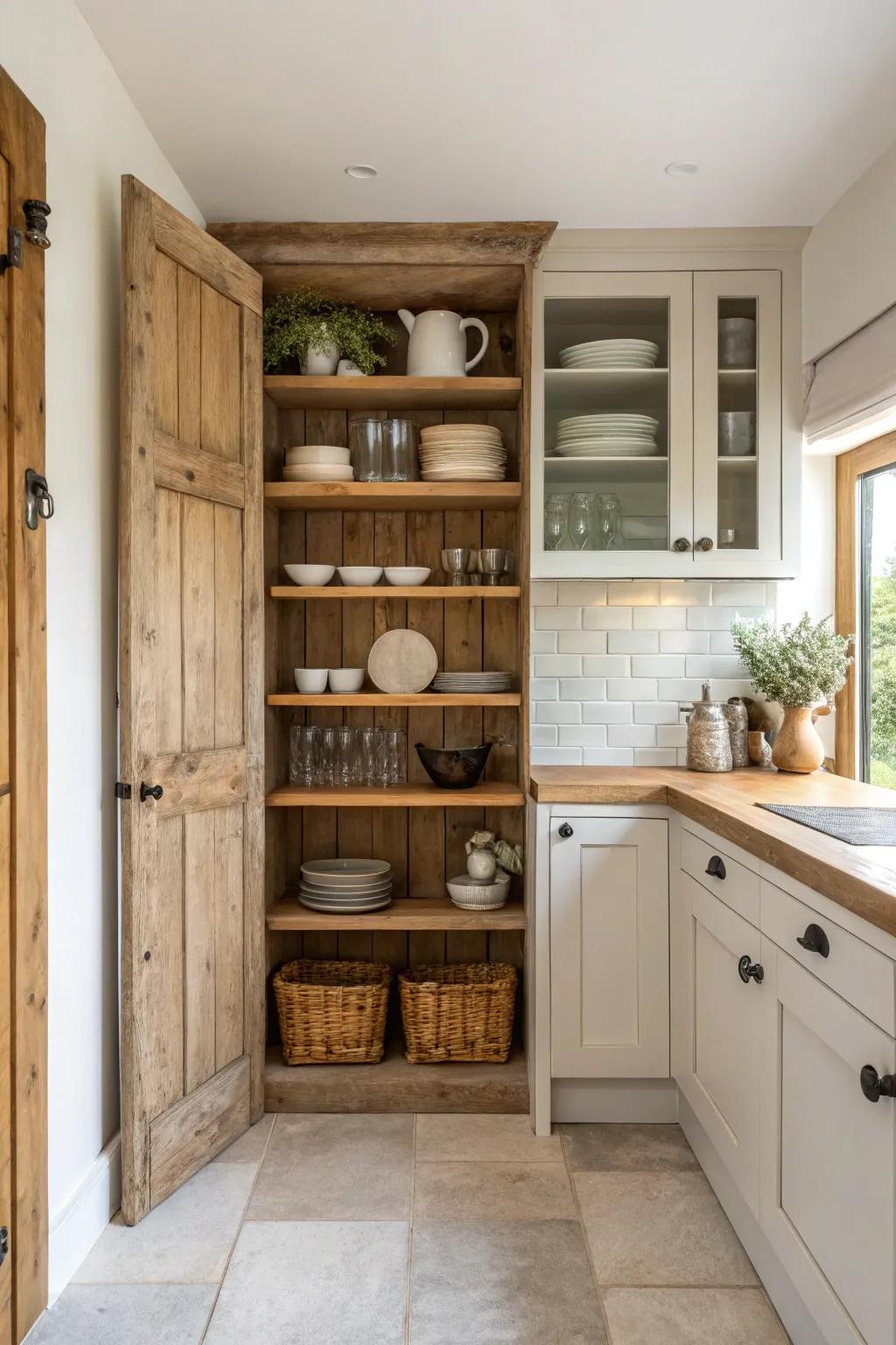 Bring warmth and texture to your kitchen with rustic wooden shelves that showcase your personal style.