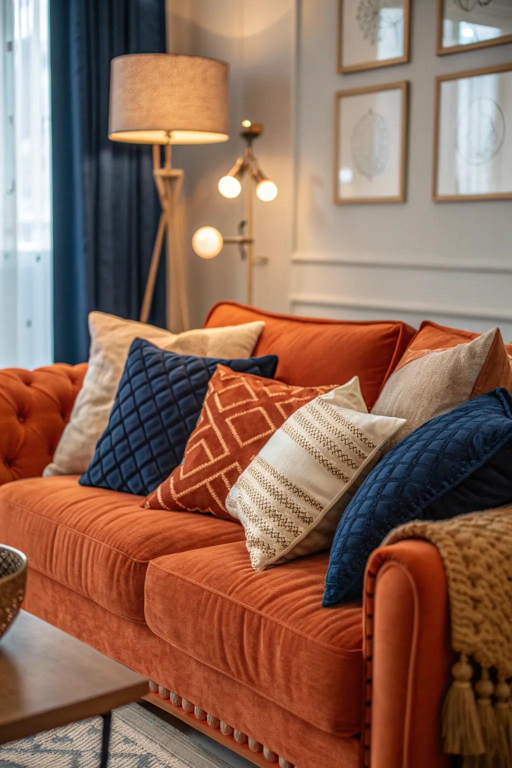 Layer your sofa with orange and blue pillows to create a cozy, inviting vibe.