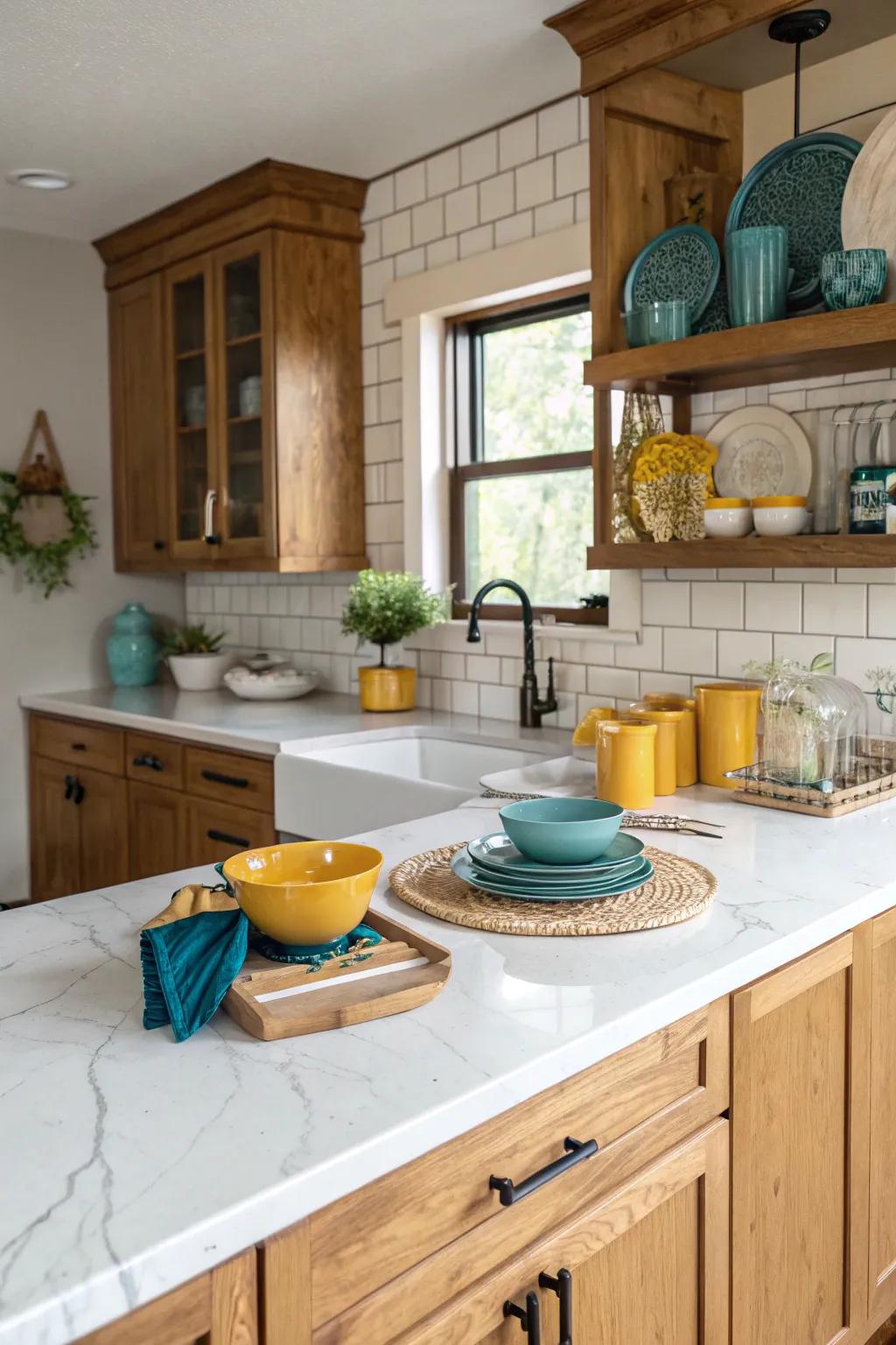 Marble-look quartz brings warmth and charm to farmhouse kitchens.