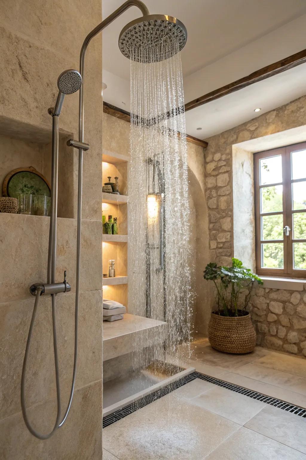 Let the gentle rain of a rainfall showerhead wash your worries away.