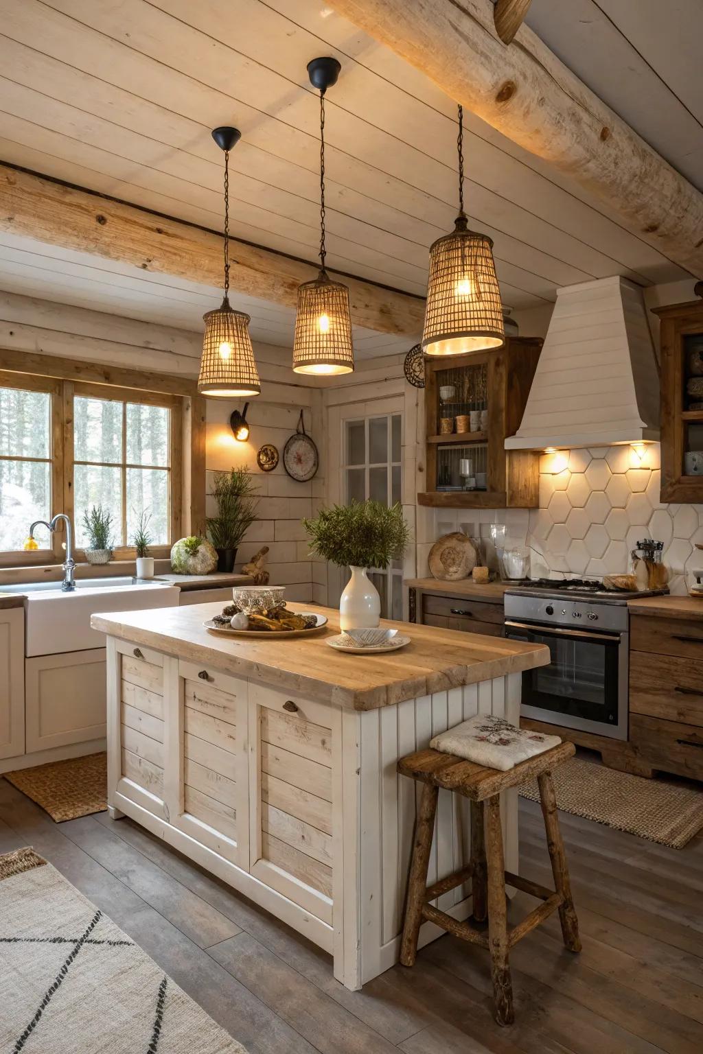 Warm lighting creates a cozy ambiance, perfect for rustic kitchen gatherings.