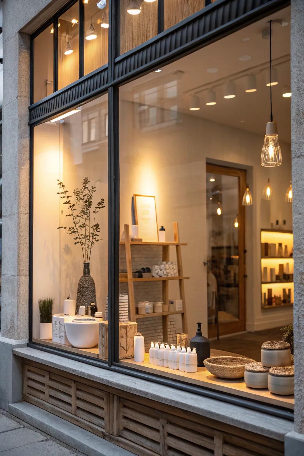 Illuminate your window displays with strategic lighting for added impact.