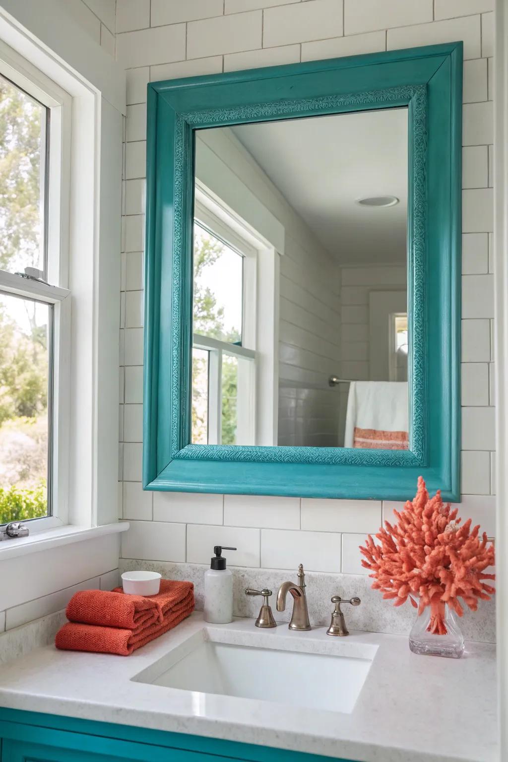 Simple mirrors amplify light and space, perfect for a sea salt themed bathroom.