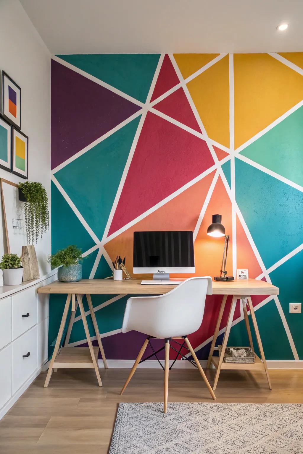 Turn your walls into an artistic statement with a geometric mural that inspires creativity and style.
