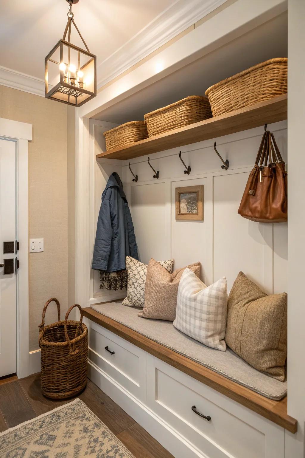 Embrace an L-shaped design to make the most of your corner mudroom, combining functionality with elegance.