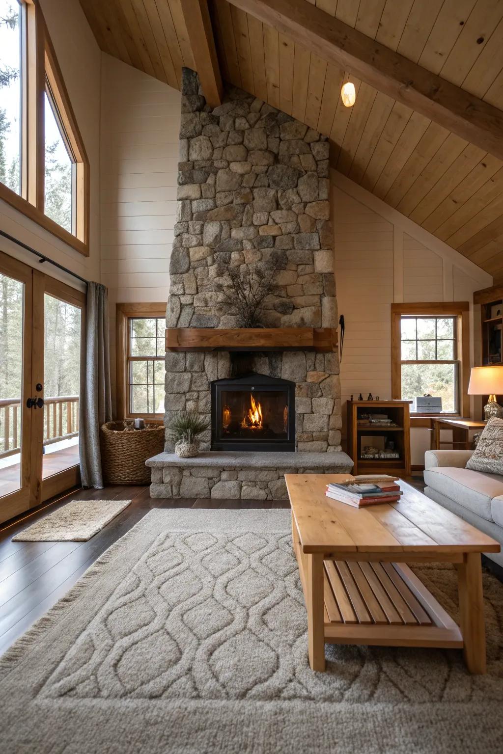 Gather around a warm stone fireplace, the heart of your mountain retreat, offering comfort and style.