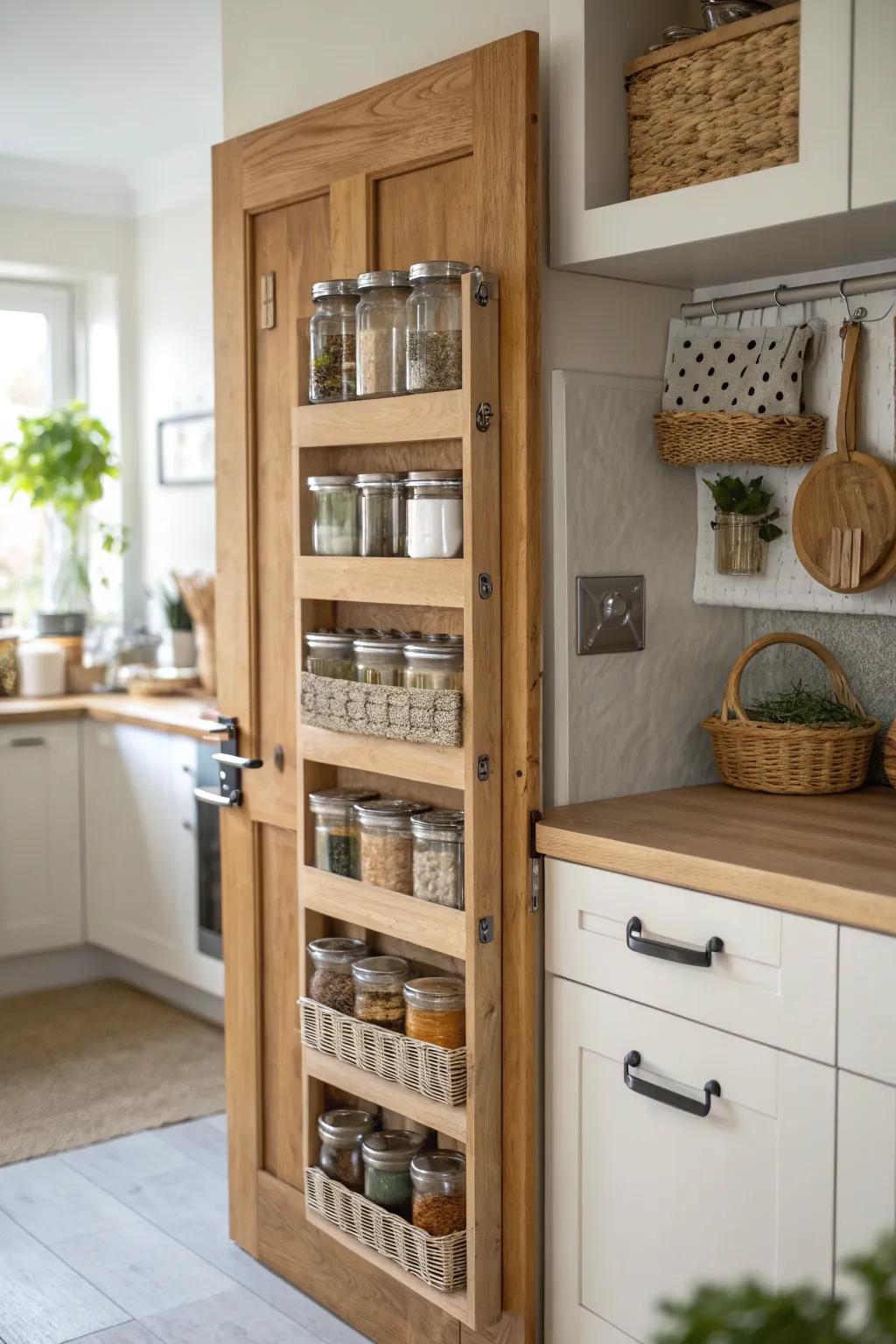 Turn your pantry door into a culinary command center with spice racks and more.