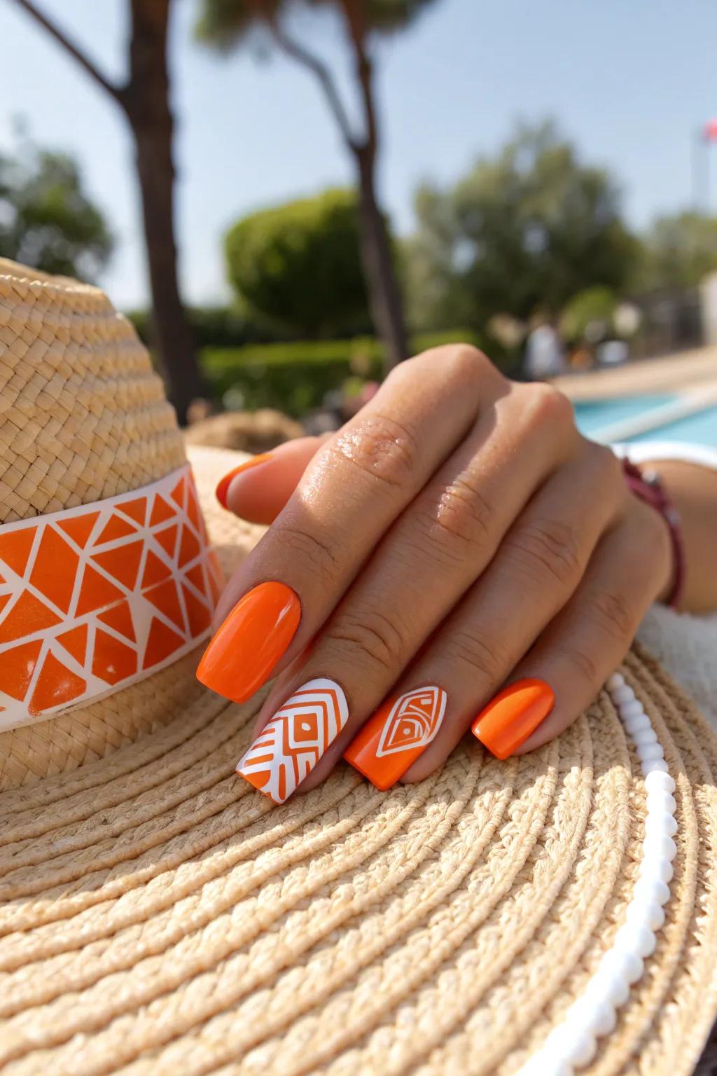Add a modern twist to your nails with bold <strong>geometric patterns</strong>.” loading=”lazy” class=”pimg”>
	</picture><figcaption>Add a modern twist to your nails with bold <strong>geometric patterns</strong>.</figcaption></figure>
<p>Incorporate fun <strong>geometric patterns</strong> on a bright orange base for a modern twist. I love how these shapes add a playful touch without being overwhelming.</p>
<h3>A few suggestions:</h3>
<ul class=