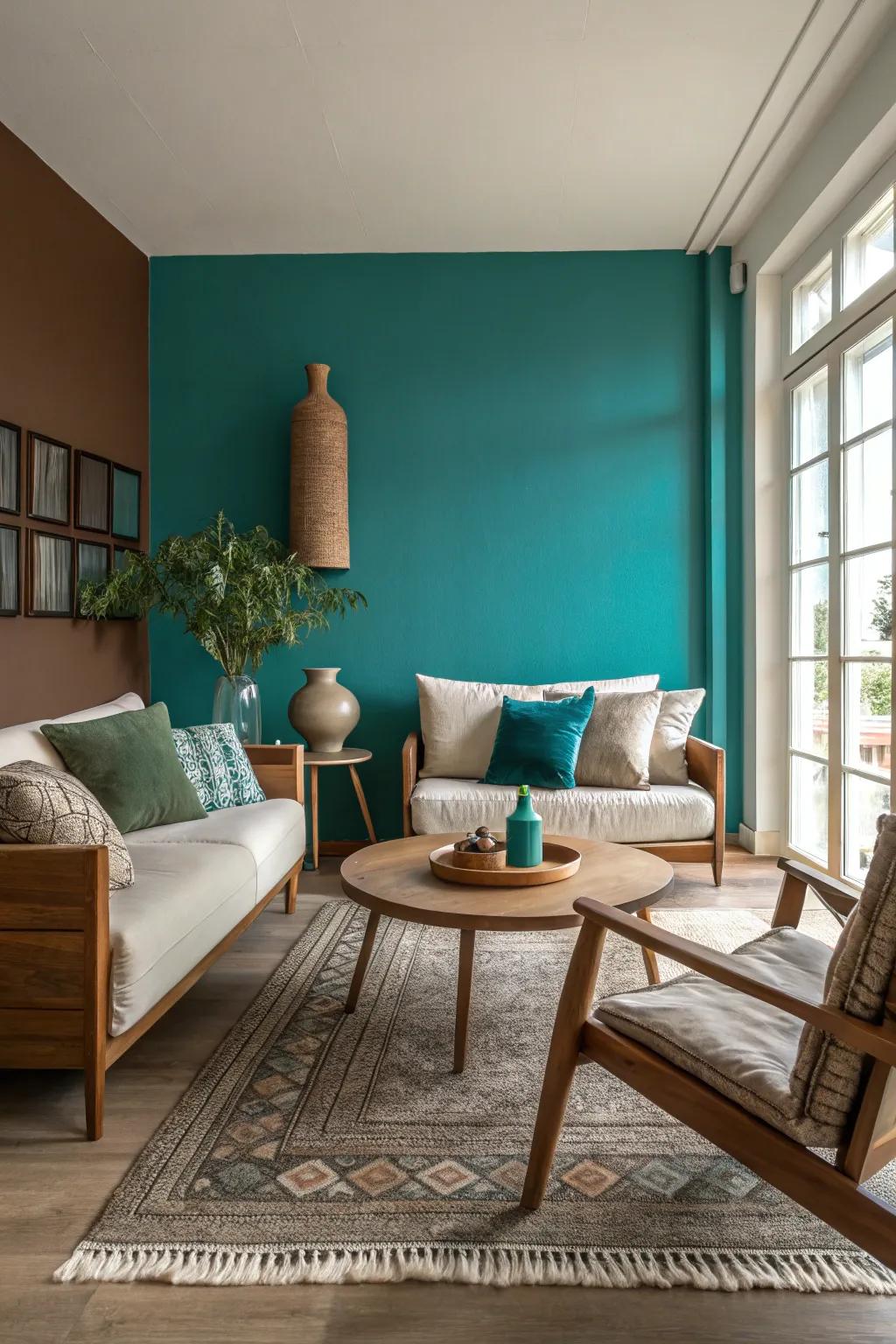 A teal accent wall adds drama and depth to your living space.