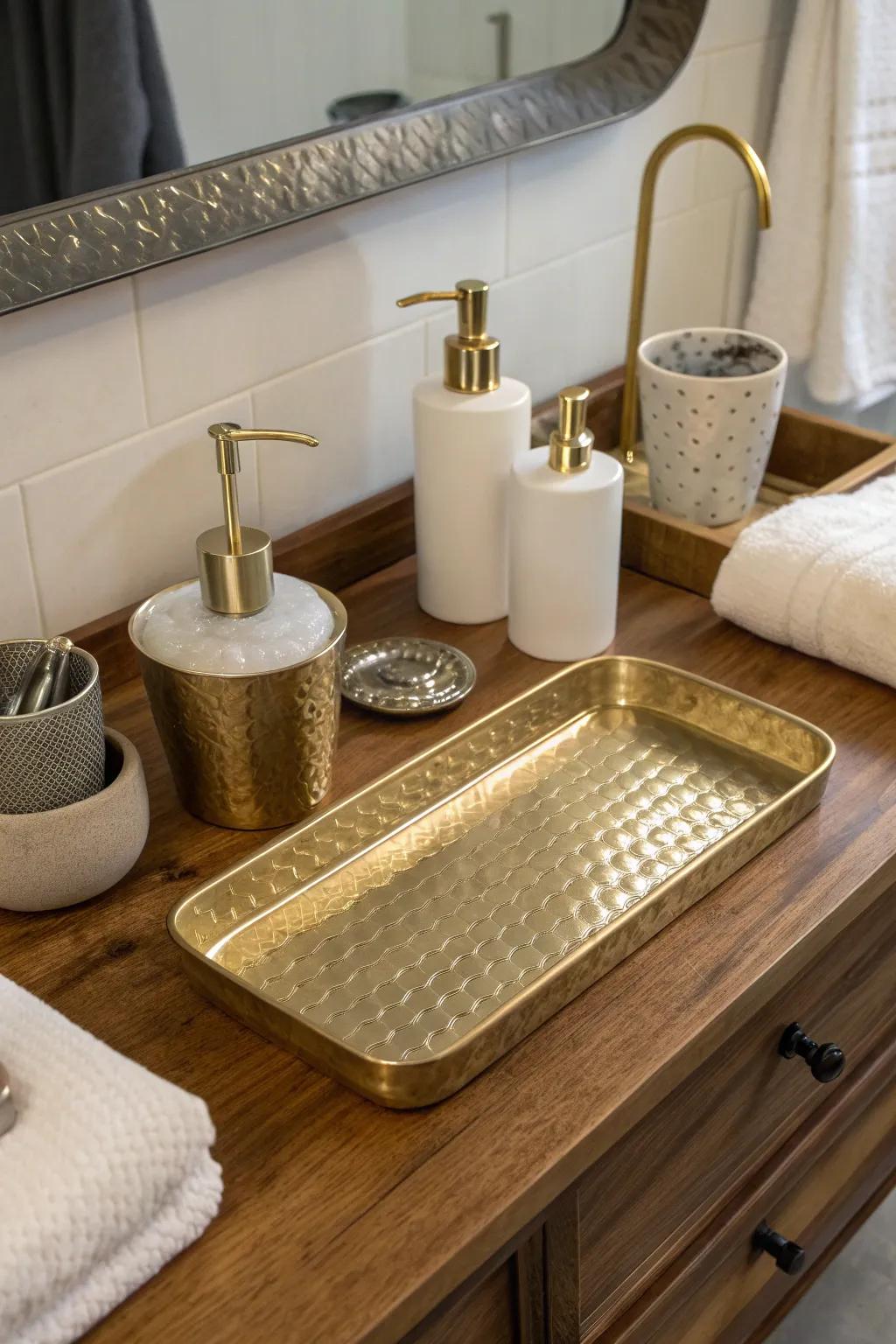 Shine bright with a metallic tray that adds a modern edge to your bathroom decor.