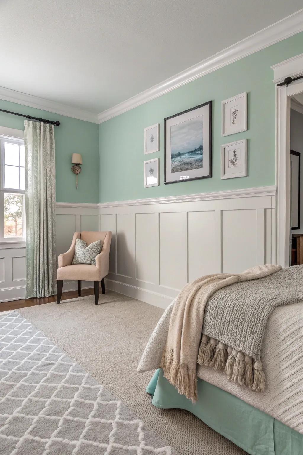 Find peace in a bedroom adorned with soothing mint and gray wainscoting, perfect for unwinding after a long day.