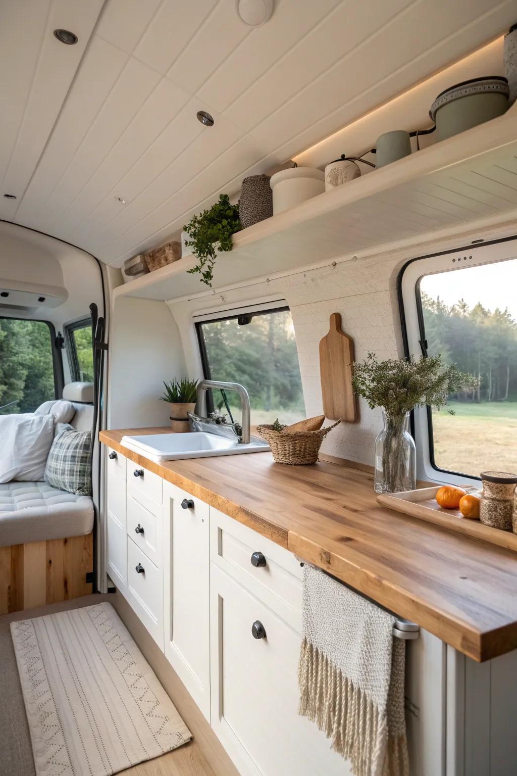 Create a warm, welcoming atmosphere with wooden countertops that keep your van agile. #EcoFriendly #Design