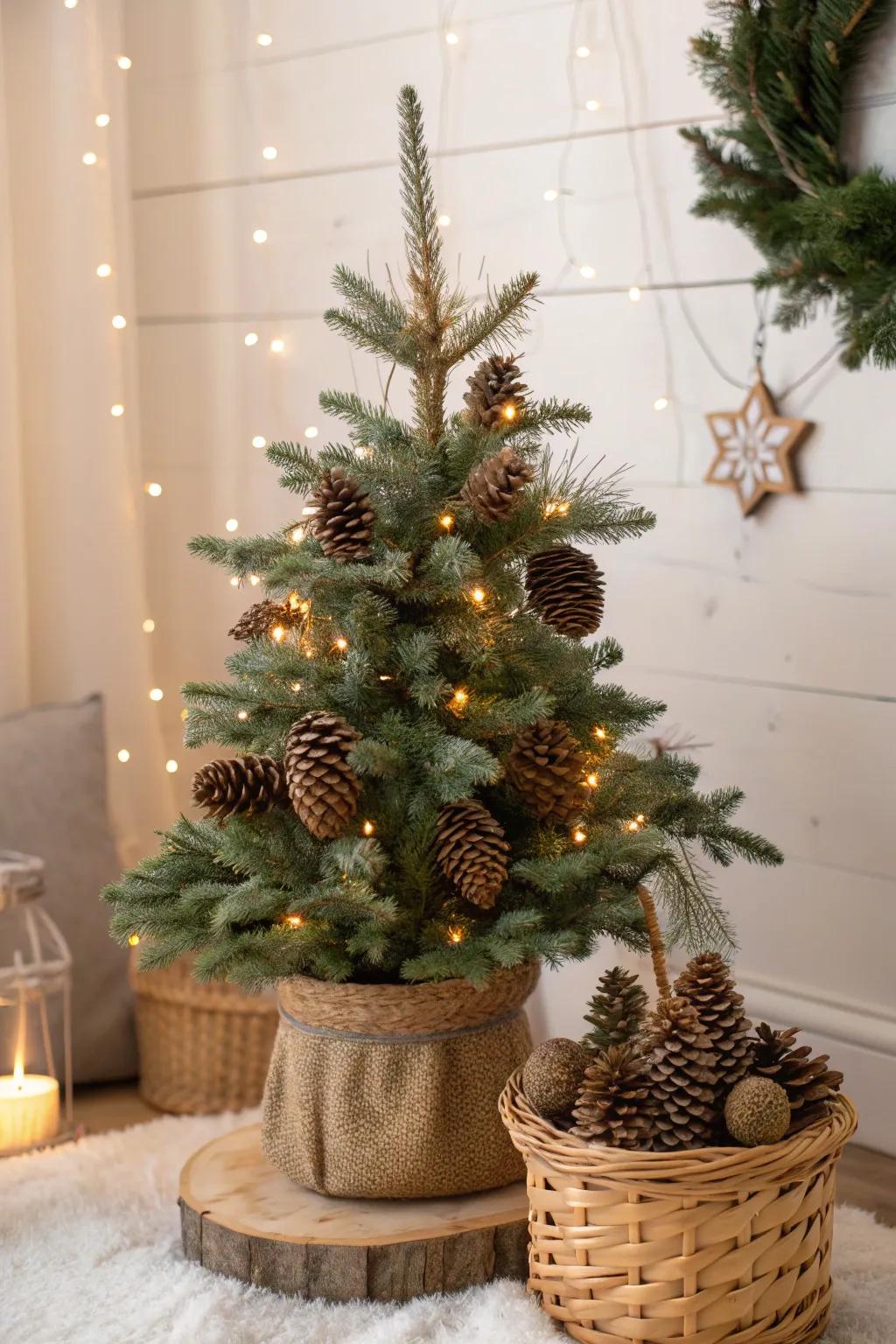 Pinecones add a rustic touch, blending nature with wintery elegance.
