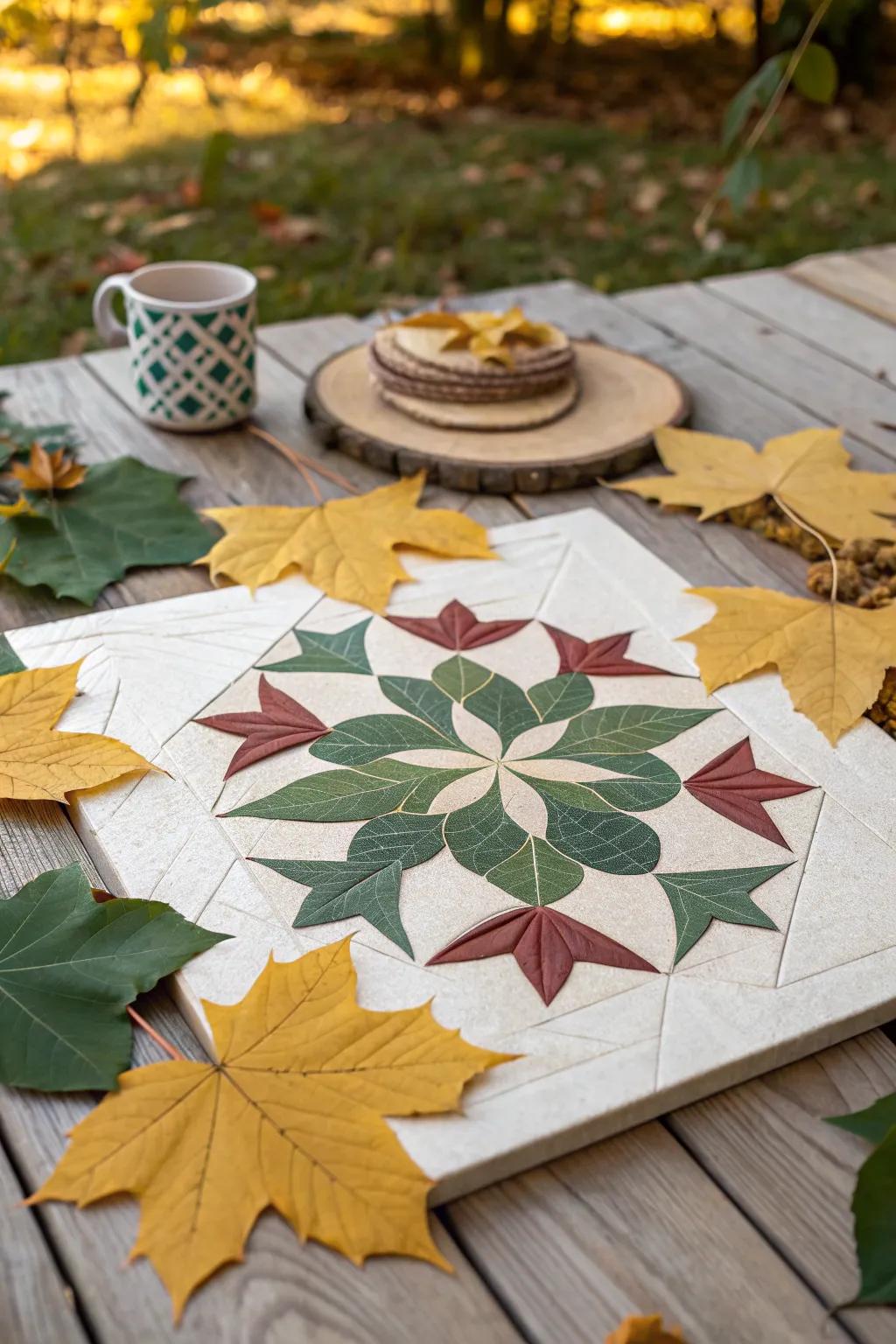 Geometric patterns meet nature's beauty in this unique fall art.