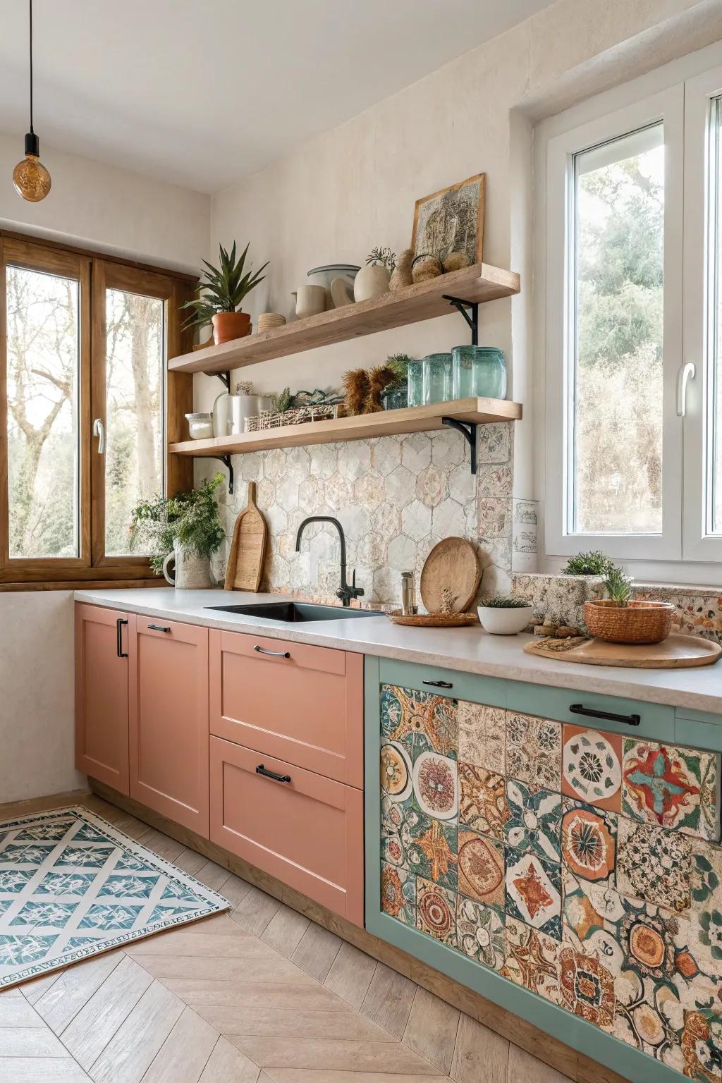 Create a visual feast with colorful patterned tiles that bring life to your kitchen walls. 🎨 #PatternPlay #TileDesign #Bohemian