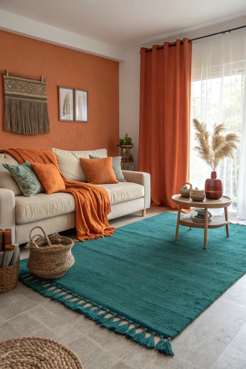 A teal rug provides a bold foundation, enhancing the vividness of burnt orange accents. #RugDesign #TealAndOrange