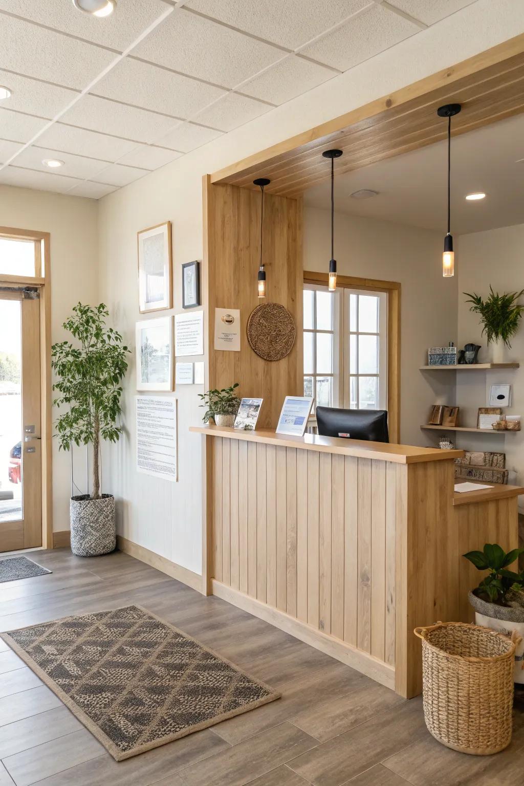 A tidy reception desk with clear signage sets the tone for a professional and welcoming business atmosphere.