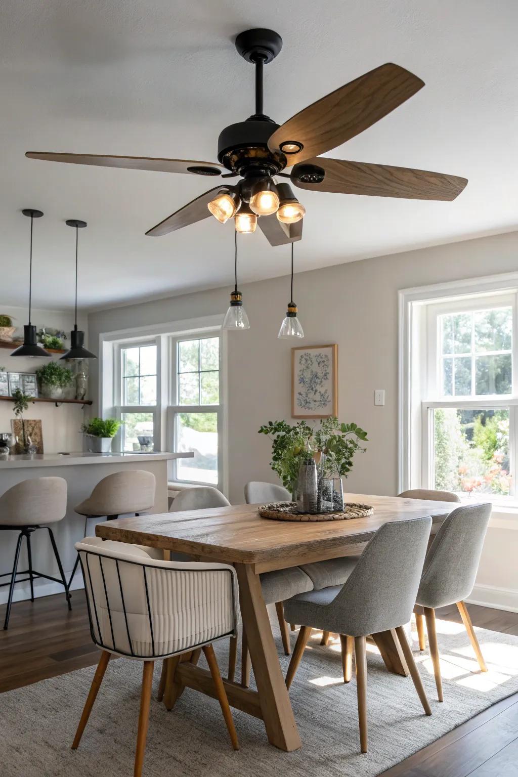 Add urban flair to your dining room with an industrial ceiling fan that makes a bold statement.